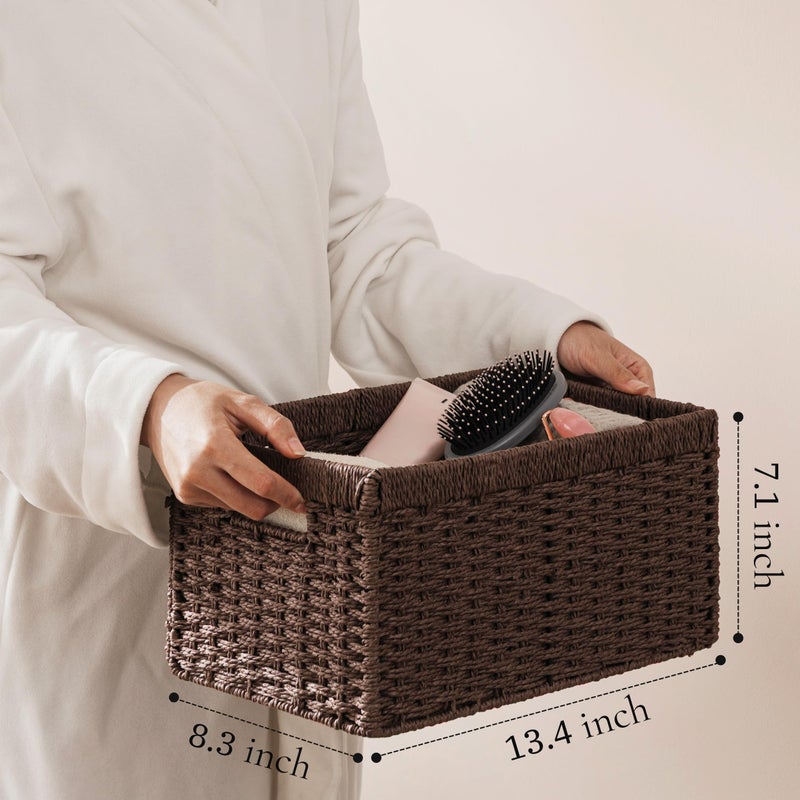 UBBCARE 2 Pack Wicker Basket, 13.4LÃ—8.3HÃ—7.1W inch Woven Paper Rope Storage Baskets for shelves, Foldable Rectangular Storage Baskets with Handle, Storage Basket for Organizing, Dark Brown - Image 3