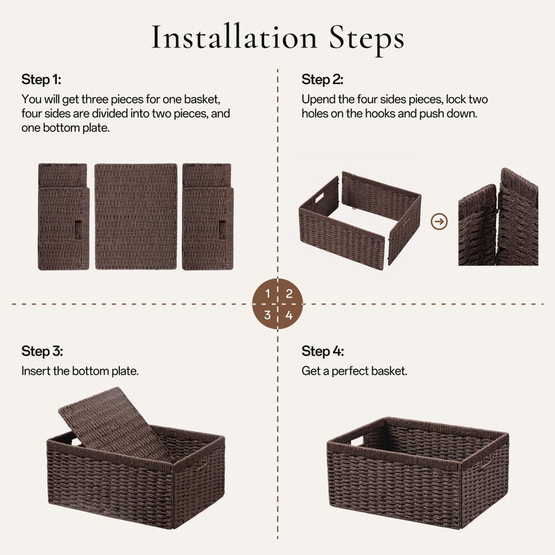 UBBCARE 2 Pack Wicker Basket, 13.4LÃ—8.3HÃ—7.1W inch Woven Paper Rope Storage Baskets for shelves, Foldable Rectangular Storage Baskets with Handle, Storage Basket for Organizing, Dark Brown - Image 2