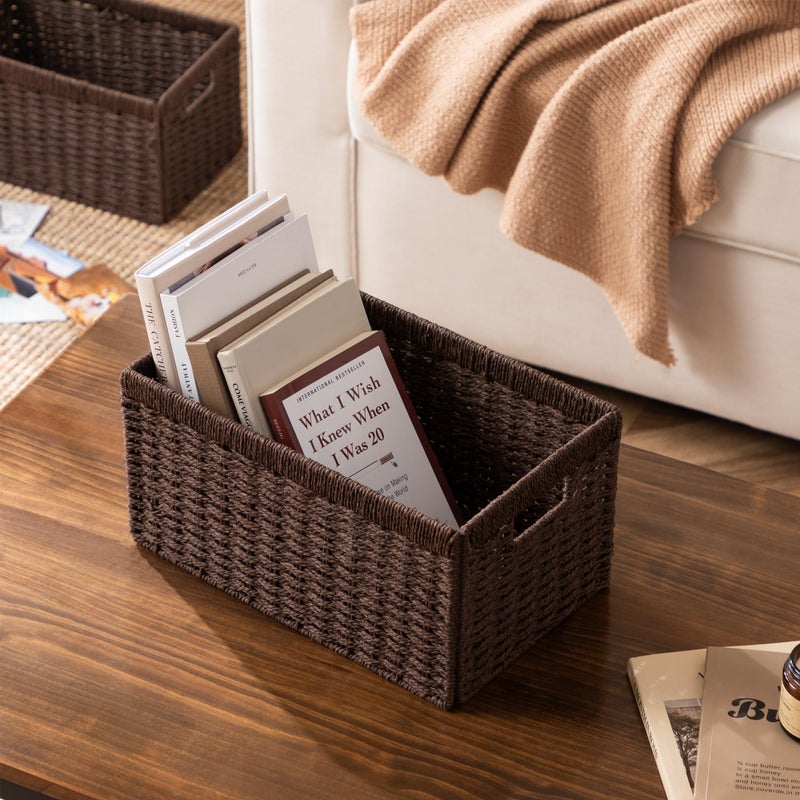 UBBCARE 2 Pack Wicker Basket, 13.4LÃ—8.3HÃ—7.1W inch Woven Paper Rope Storage Baskets for shelves, Foldable Rectangular Storage Baskets with Handle, Storage Basket for Organizing, Dark Brown - Image 5