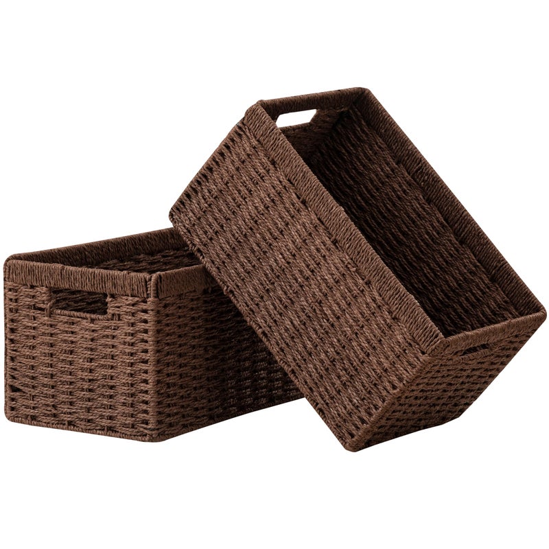 UBBCARE 2 Pack Wicker Basket, 13.4LÃ—8.3HÃ—7.1W inch Woven Paper Rope Storage Baskets for shelves, Foldable Rectangular Storage Baskets with Handle, Storage Basket for Organizing, Dark Brown - Image 1
