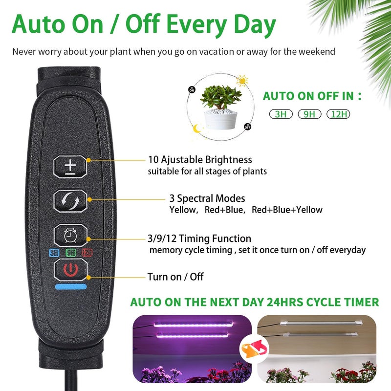 RWNTAO Two Strip Growing Lamp for Indoor Plants, Red & Blue & Yellow Full Spectrum LED Grow Light Strips with Auto ON/Off 3/9/12H Timer,10 Dimmable Levels for Green House Succulent (2 Head 13 in) - Image 2