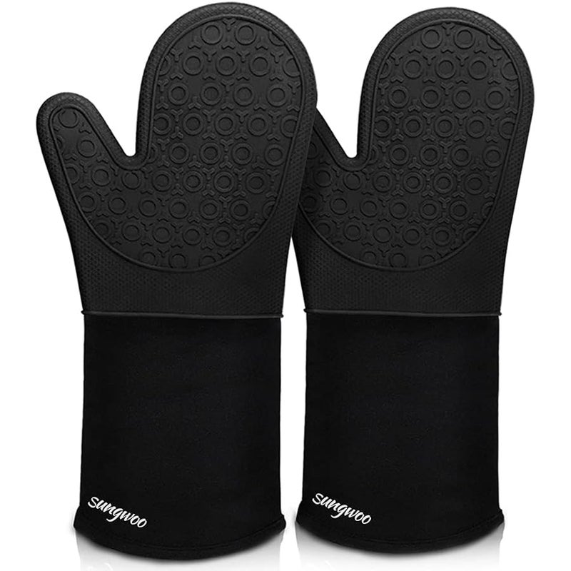 Sungwoo Extra Long Silicone Oven Mitts, Durable Heat Resistant Oven Gloves with Quilted Liner Non-Slip Textured Grip Perfect for BBQ, Baking, Cooking and Grilling - 1 Pair 14.6 Inch Black - Image 1