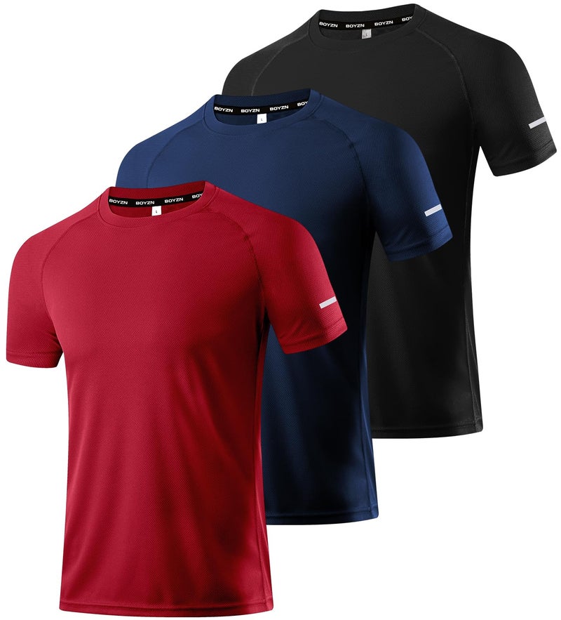 Boyzn 3 Pack Workout Shirts for Men, Moisture Wicking Quick Dry Active Athletic Men's Gym Performance T Shirts Black/Navy/Red-3P01-M - Image 1