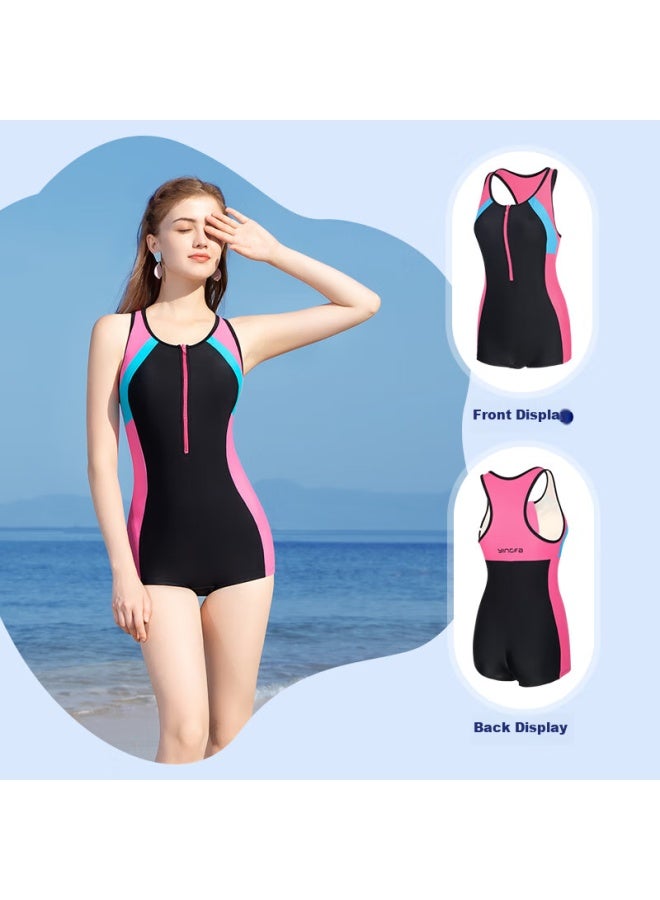 Yingfa Casual Boyshort Swimsuit For Women, Solid Color Patchwork Zipper Slim-fit Athletic One-piece Swimwear For Hot Springs - Image 3