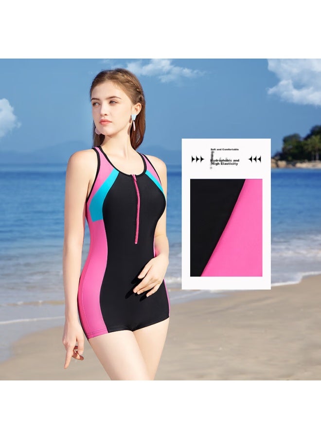 Yingfa Casual Boyshort Swimsuit For Women, Solid Color Patchwork Zipper Slim-fit Athletic One-piece Swimwear For Hot Springs - Image 2