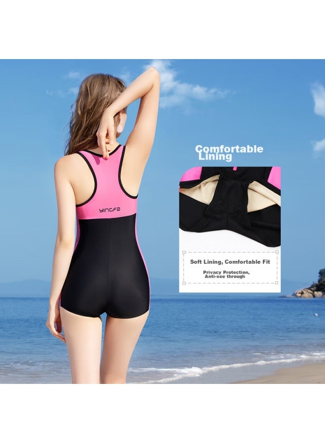 Yingfa Casual Boyshort Swimsuit For Women, Solid Color Patchwork Zipper Slim-fit Athletic One-piece Swimwear For Hot Springs - Image 4