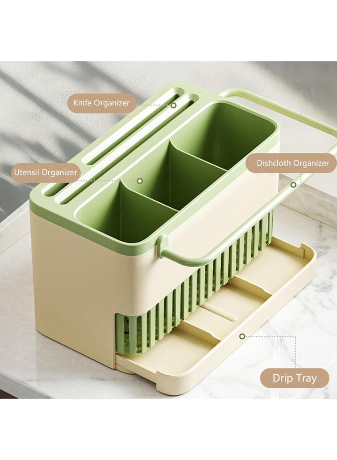 No-Drill Wall-Mounted Utensil Organizer – 3 Compartments for Knives, Spatulas u0026 Cloths, Space-Saving Kitchen Storage Solution (Matcha Green) - Image 3