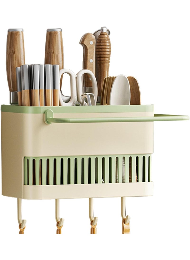 No-Drill Wall-Mounted Utensil Organizer – 3 Compartments for Knives, Spatulas u0026 Cloths, Space-Saving Kitchen Storage Solution (Matcha Green) - Image 1
