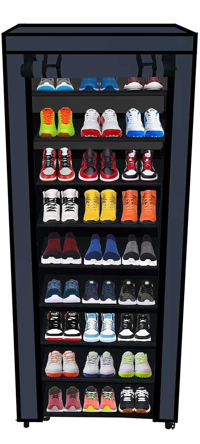 PHILOSHOP 9 Layer Shoe Rack for Home NonWoven Fabric Portable Closet Wardrobe Organizer Storage Black Metal - Image 1