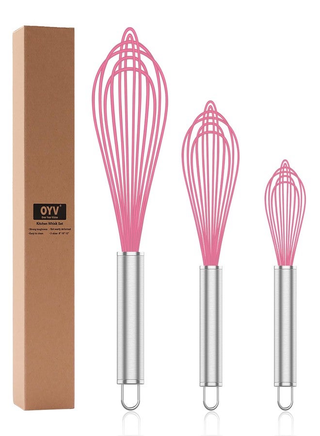 OYV Pink Silicone Whisk, Professional Whisks For Cooking Non-Scratch, Stainless Steel & Silicone Wisk, Plastic Rubber Whisk Tool For Nonstick Cookware Pans, Silicon Wisks Set of 3 - Image 1