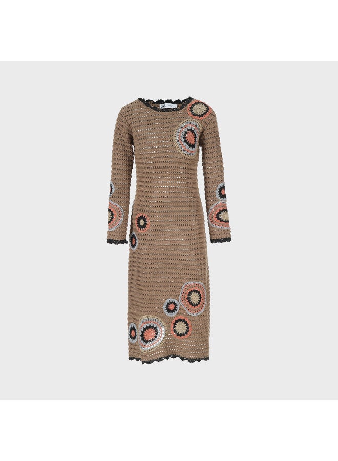 Zara ethnic-style Silver Thread Embellished Round Neck Lace-up Long Sleeve A-line Knit Maxi Dress - Image 2