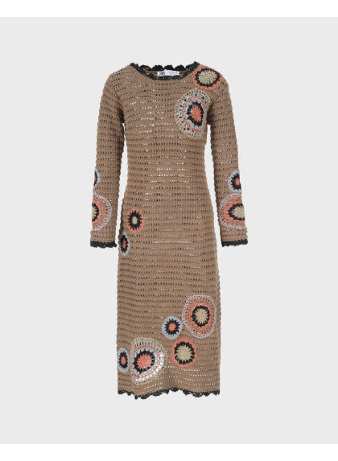 Zara ethnic-style Silver Thread Embellished Round Neck Lace-up Long Sleeve A-line Knit Maxi Dress - Image 1