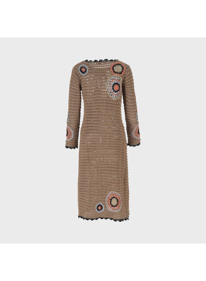 Zara ethnic-style Silver Thread Embellished Round Neck Lace-up Long Sleeve A-line Knit Maxi Dress - Image 3