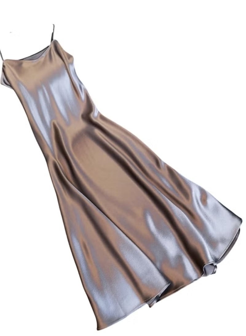 Huitich Women's Satin V-Neck Sleeveless Dress Silver Grey Size XL - Image 1