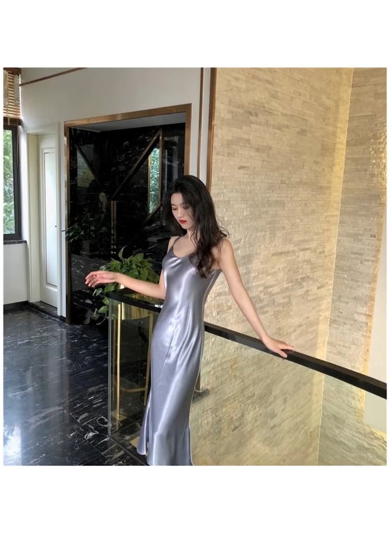 Huitich Women's Satin V-Neck Sleeveless Dress Silver Grey Size XL - Image 5