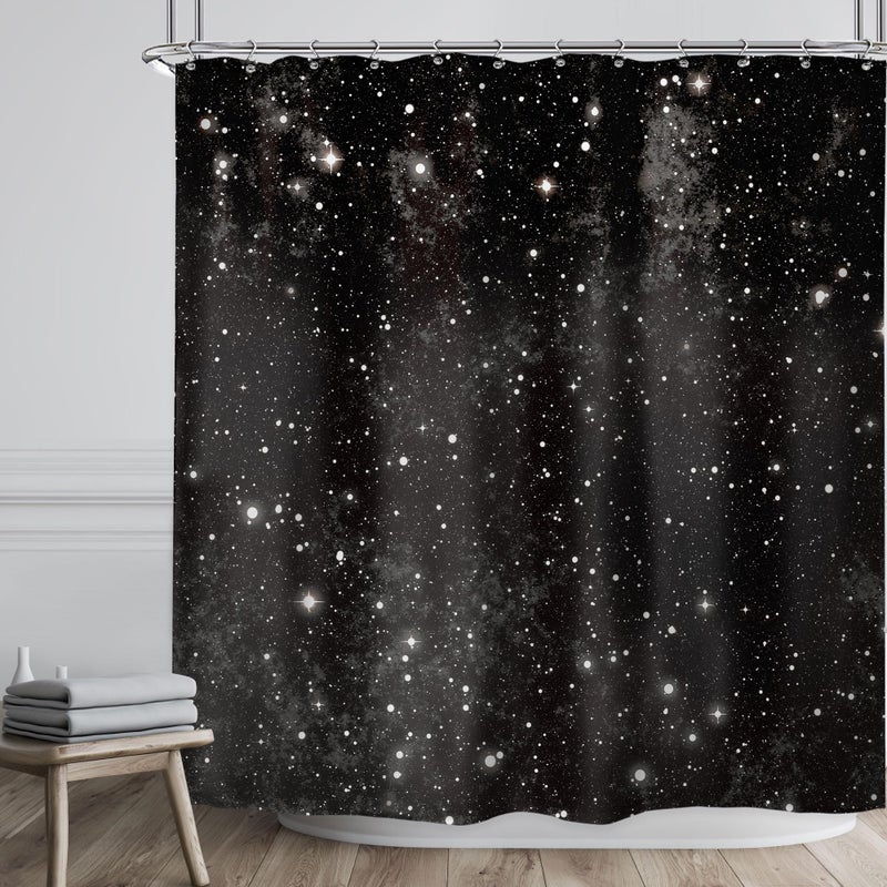 Riyidecor Night Sky Shower Curtain 72Wx72H Inch Starry Black White Star Nebula Cosmic Fantasy Galaxy Universe Space Beautiful Planet Bathroom Decor Fabric Polyester Waterproof 12 Pack Hooks - Image 1