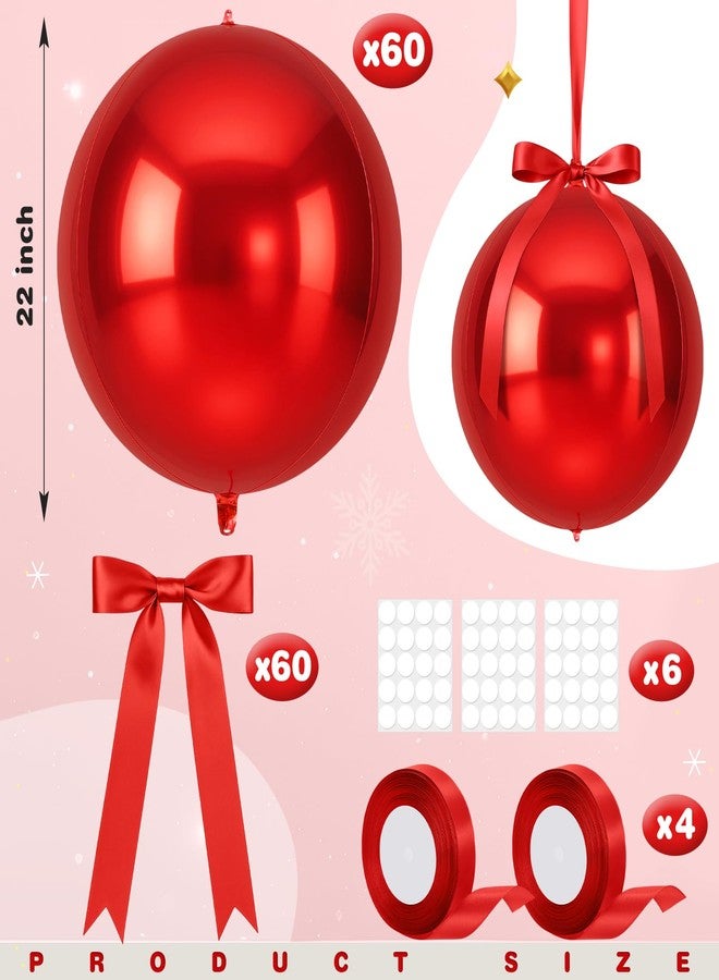 Jenaai 60 Set Round Foil Balloons Bulk 22 Inch 4d Metallic Giant Balloons Set with Satin Bows Ribbon for Ceiling Ornaments Birthday Wedding Party Decoration(Red) - Image 2