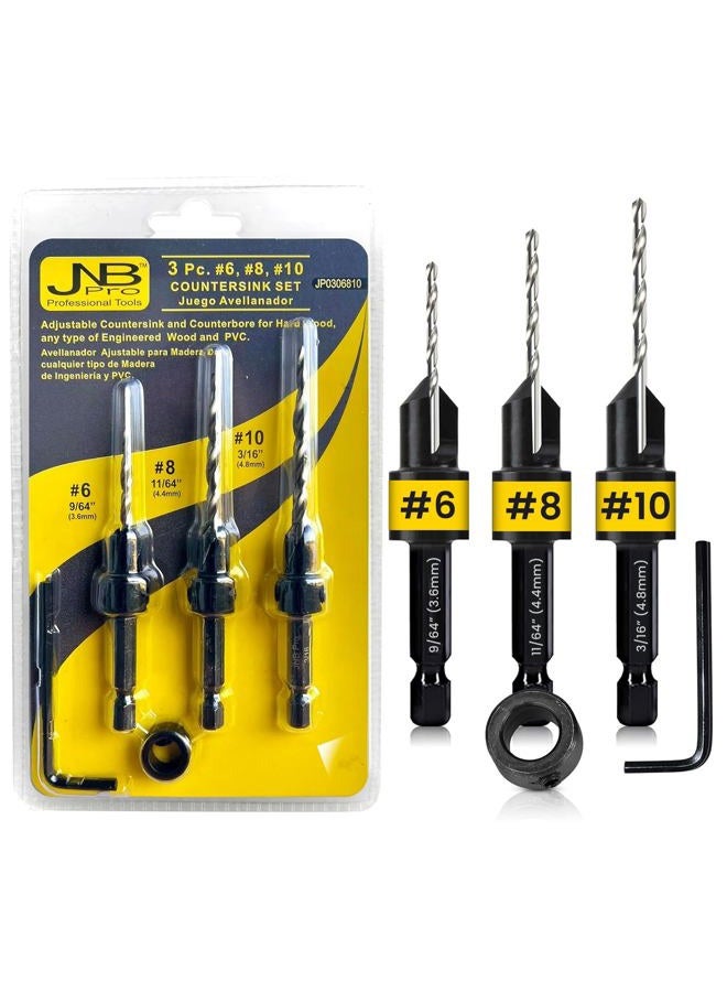 JNB Pro Ultimate Wood Countersink Drill Bit Set, Woodwork Kit 3 Piece Adjustable Counter Sink Kit 6(9/64"), 8(11/64"), 10(3/16"), and 1 Adjustable Collar, Hex Wrench, 1/4" Quick Change Tool - Image 1