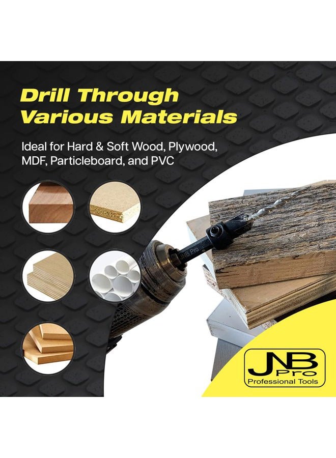 JNB Pro Ultimate Wood Countersink Drill Bit Set, Woodwork Kit 3 Piece Adjustable Counter Sink Kit 6(9/64"), 8(11/64"), 10(3/16"), and 1 Adjustable Collar, Hex Wrench, 1/4" Quick Change Tool - Image 3