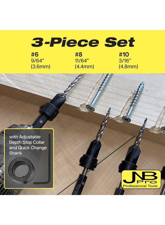 JNB Pro Ultimate Wood Countersink Drill Bit Set, Woodwork Kit 3 Piece Adjustable Counter Sink Kit 6(9/64"), 8(11/64"), 10(3/16"), and 1 Adjustable Collar, Hex Wrench, 1/4" Quick Change Tool - Image 4