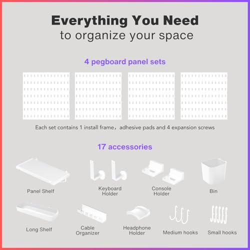 Keepo Pegboard Combination Kit, Modular Hanging Organizer with Pegboards, Accessories for Gaming Setup, Wall Game Controller Holder, Headset Stand (White, 22"22") - Image 3
