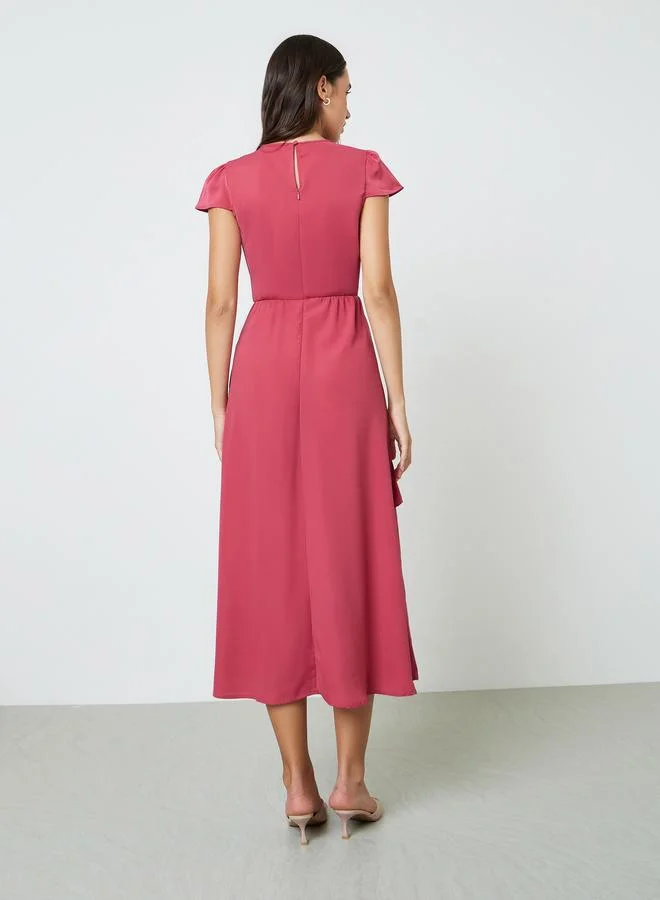 Take Two  Red Plain Midi A-Line Dress with Short Sleeves for Women | Best Price UAE