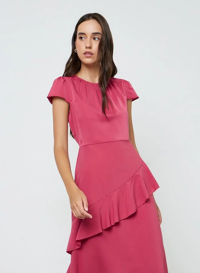 Take Two  Red Plain Midi A-Line Dress with Short Sleeves for Women | Best Price UAE