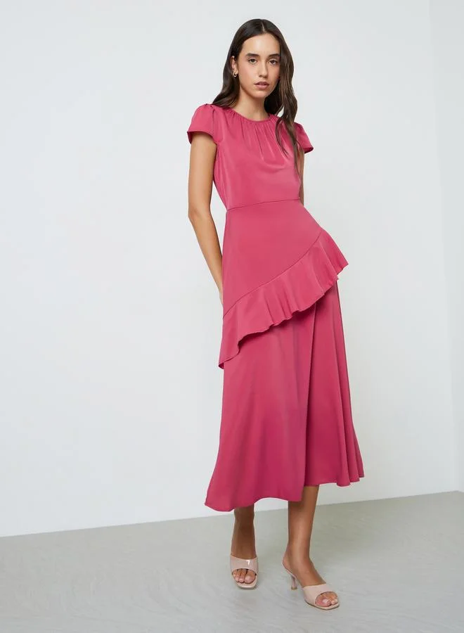 Take Two  Red Plain Midi A-Line Dress with Short Sleeves for Women | Best Price UAE