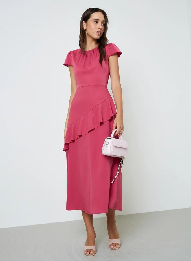 Red Plain Midi A-Line Dress with Short Sleeves