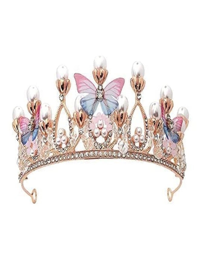 Ansawi Girls Tiara Butterfly Princess Crown Gold Pearl Headband Rhinestone Hairpiece for Halloween Costume Wedding Bridal Prom Birthday Party Cosplay Christmas Gifts - Image 1