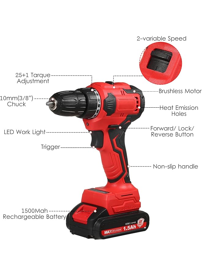 erorex 21V Brushless Lithium Drill Set 3 8In Chuck Heavy Duty Electric Drill Power Screwdriver With Bits Sleeves Extension Shaft Led Work Light 2 Variable Speed 25+1 Torque Adjustment 80N.M  - Image 3