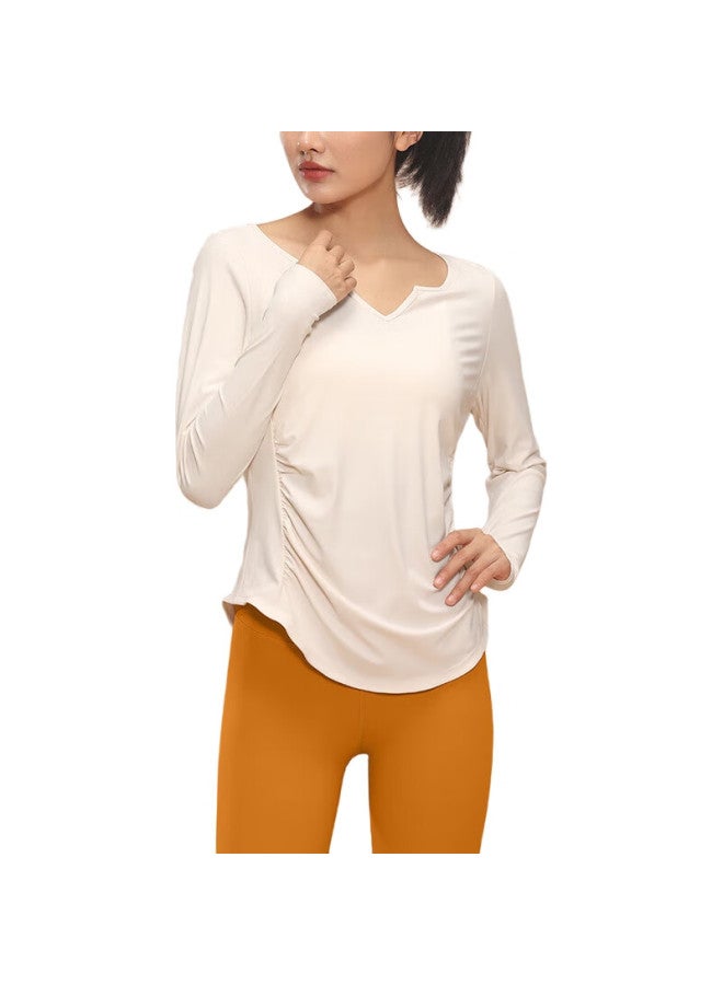 VFU Women'S Quick-Dry Yoga Top, Running Fitness Workout Shirt, Pilates Training Long Sleeve Cover-Up, Milk Apricot Color, Size L - Image 2