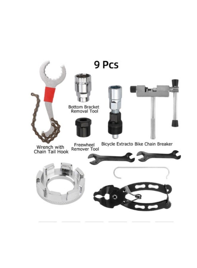 TerraLUX 9Pcs Professional Bike Repair Tool Kit, Bicycle Maintenance Set with Chain Breaker Crank Extractor Freewheel Bottom Bracket Remover, Universal Carbon Steel Cycling Tools for MTB Road Mountain Bikes - Image 1