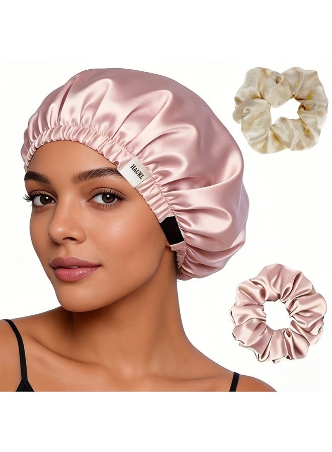 Women's Large Double Layer Reversible Satin Sleeping Hood Adjustable Hair Wrap Cap with 2 Hairbands - Image 1