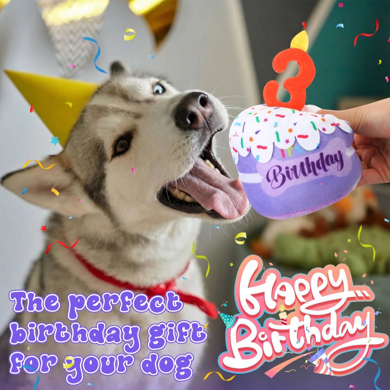 Dansydaisy Dog 3rd Birthday Cake Toy Accessories for Girl Boy Gifts, Purple Squeaky Plush Toy for Dog Birthday Party Decor Favor for Large, Medium and Small Dogs - Image 4