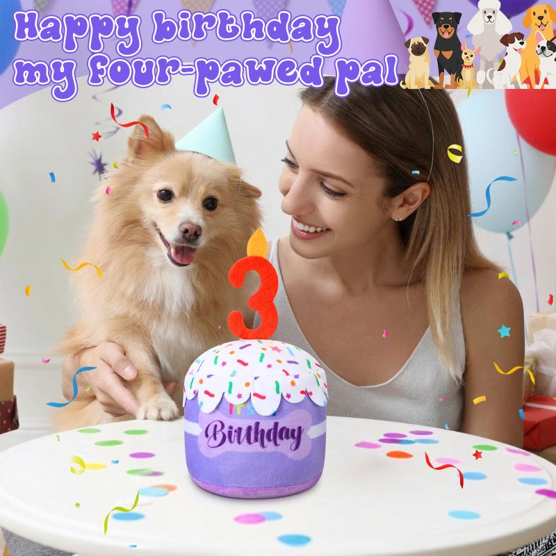 Dansydaisy Dog 3rd Birthday Cake Toy Accessories for Girl Boy Gifts, Purple Squeaky Plush Toy for Dog Birthday Party Decor Favor for Large, Medium and Small Dogs - Image 5