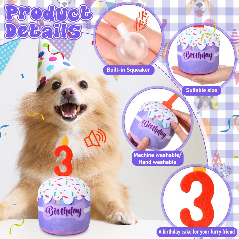 Dansydaisy Dog 3rd Birthday Cake Toy Accessories for Girl Boy Gifts, Purple Squeaky Plush Toy for Dog Birthday Party Decor Favor for Large, Medium and Small Dogs - Image 3
