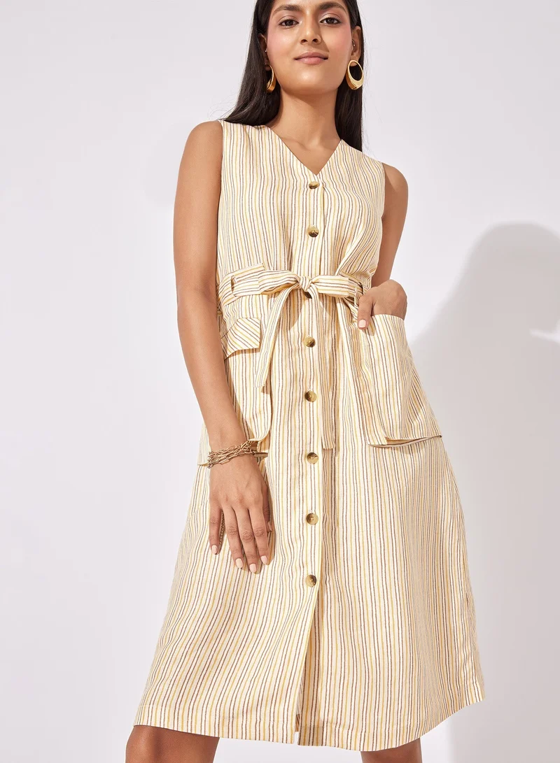 The Label Life Striped V Neck Belted Mini Dress
