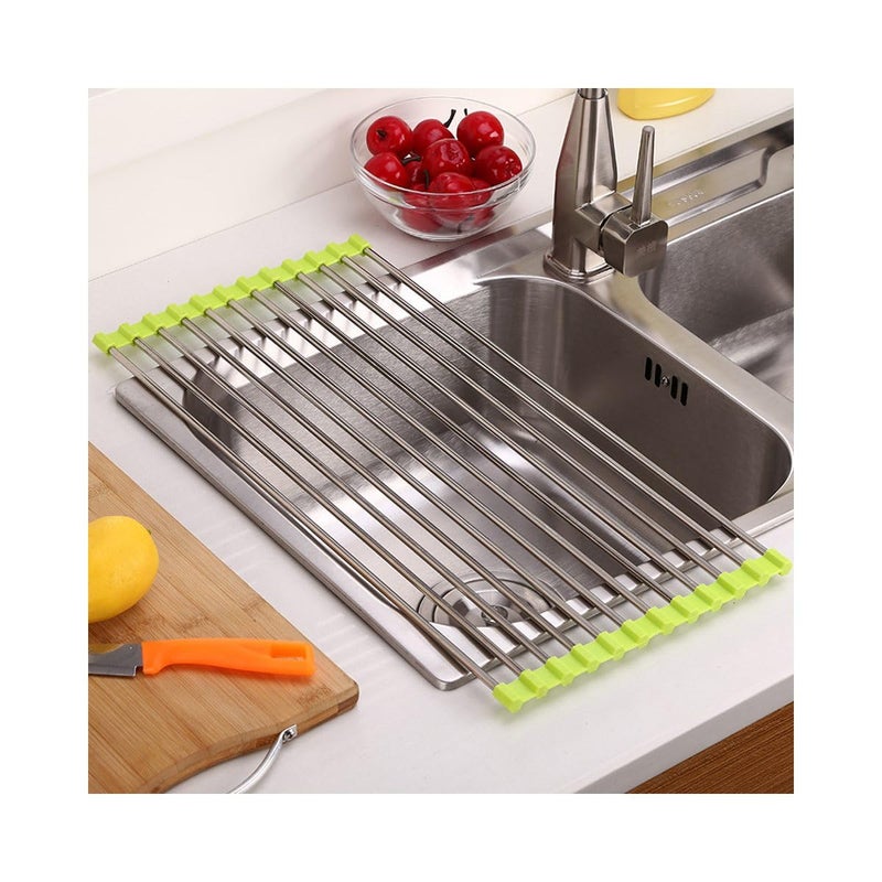 Krivety Dish Drying Rack RollUpExpandable Over Sink Dish RackFoldable MultiUseDraining mat with NonSlip Drainer Stainless Steel TrayHeat Resistant Green - Image 3