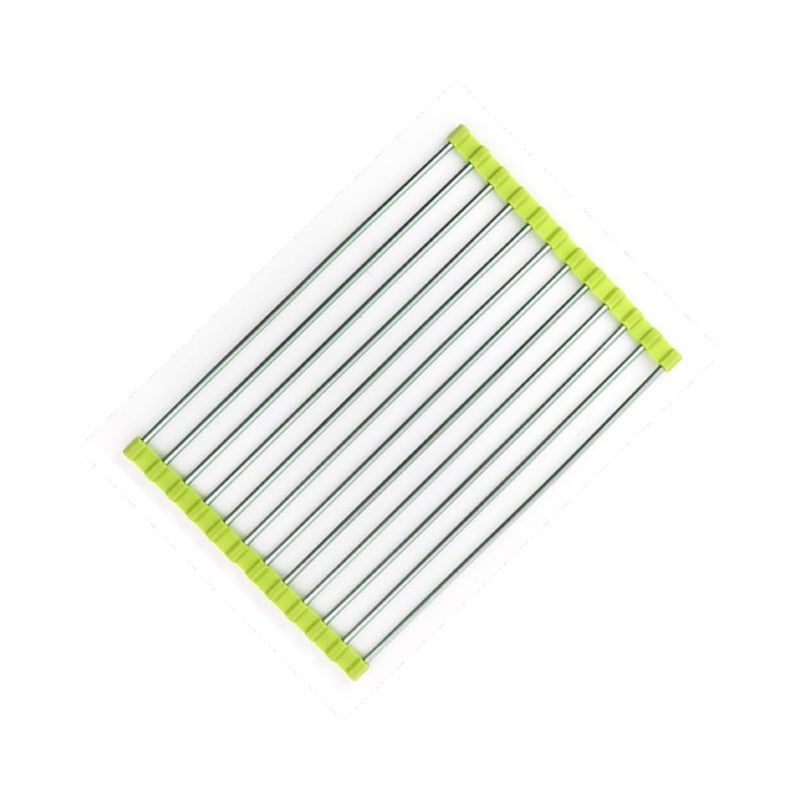 Krivety Dish Drying Rack RollUpExpandable Over Sink Dish RackFoldable MultiUseDraining mat with NonSlip Drainer Stainless Steel TrayHeat Resistant Green - Image 1