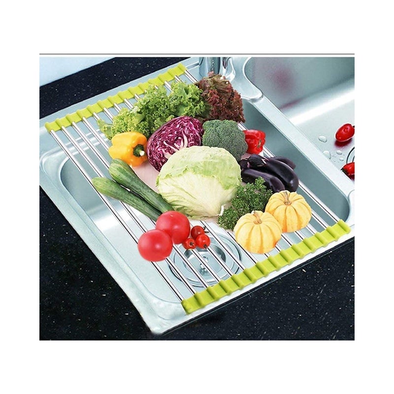 Krivety Dish Drying Rack RollUpExpandable Over Sink Dish RackFoldable MultiUseDraining mat with NonSlip Drainer Stainless Steel TrayHeat Resistant Green - Image 5