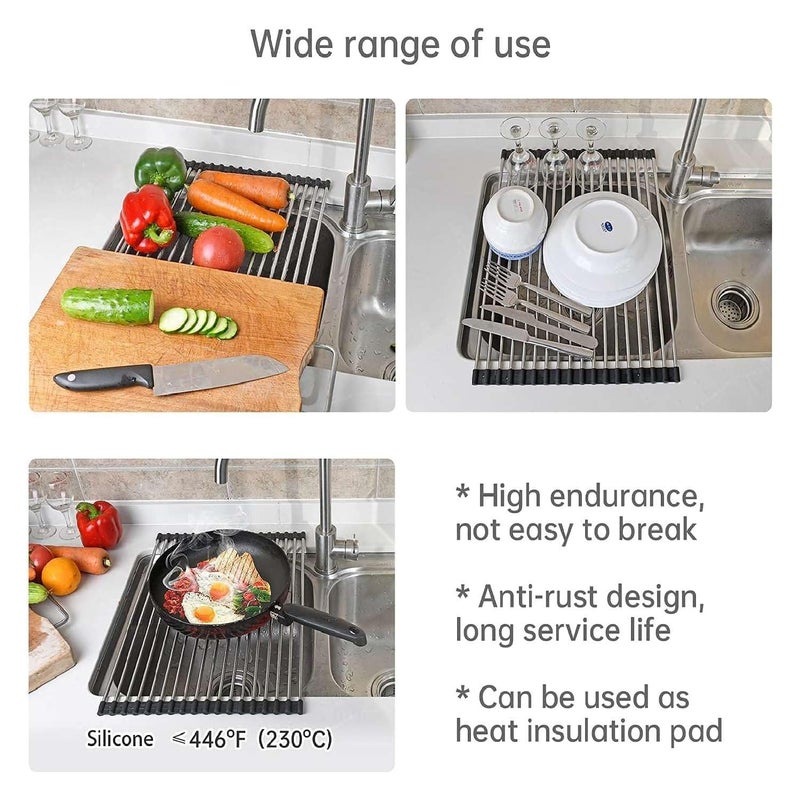 Krivety Dish Drying Rack RollUpExpandable Over Sink Dish RackFoldable MultiUseDraining mat with NonSlip Drainer Stainless Steel TrayHeat Resistant Green - Image 4