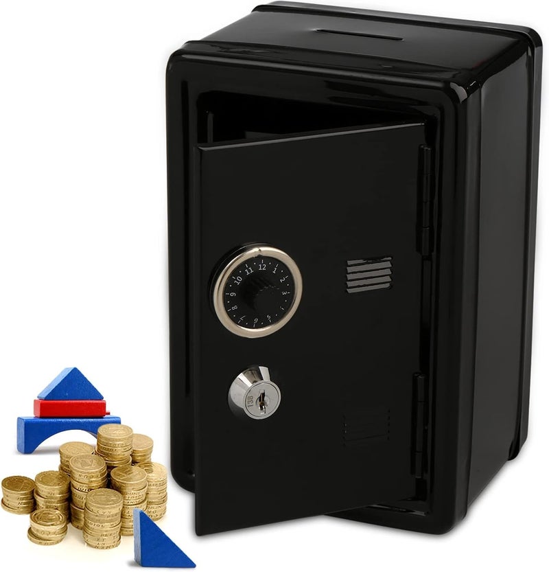 Frcctre Kids Safe Bank, Money Box with Coin Tray, Mini Locker Small Safe Storage Box Piggy Bank with Combination Lock and Key, 7" H x 4.7" Lx 3.9" W, Black - Image 4