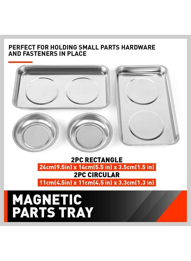 4PCS Large Magnetic Parts Tray Set, Stainless Steel Heavy Duty 9.5"W x 5.5''L Square and 4" Round Magnetic Trays Tools Parts Tray - Image 2