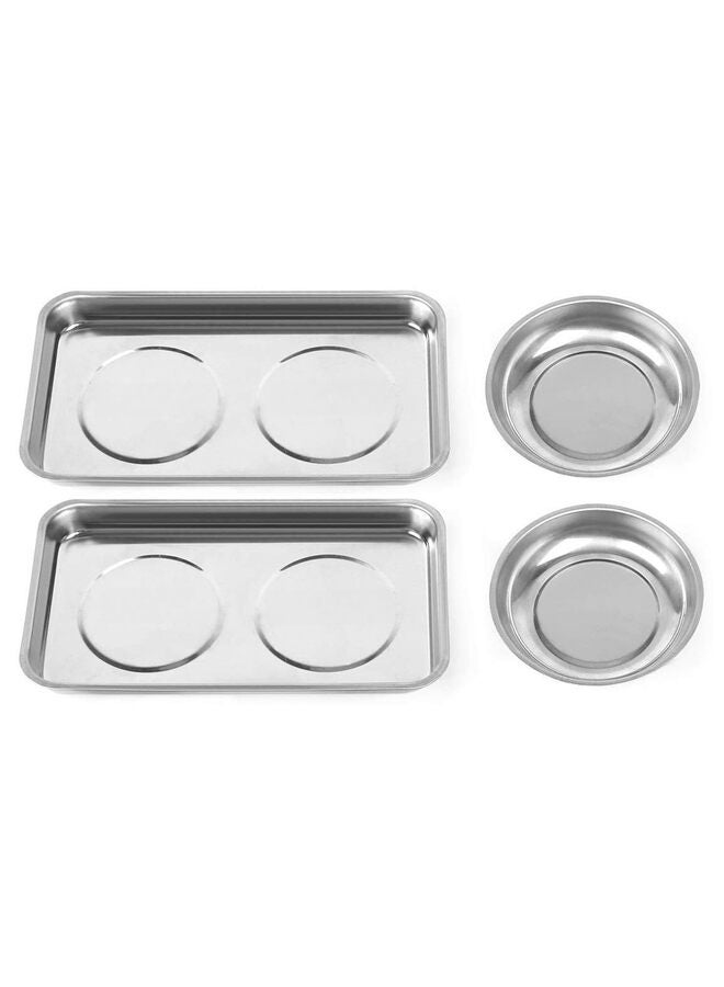 4PCS Large Magnetic Parts Tray Set, Stainless Steel Heavy Duty 9.5"W x 5.5''L Square and 4" Round Magnetic Trays Tools Parts Tray - Image 1