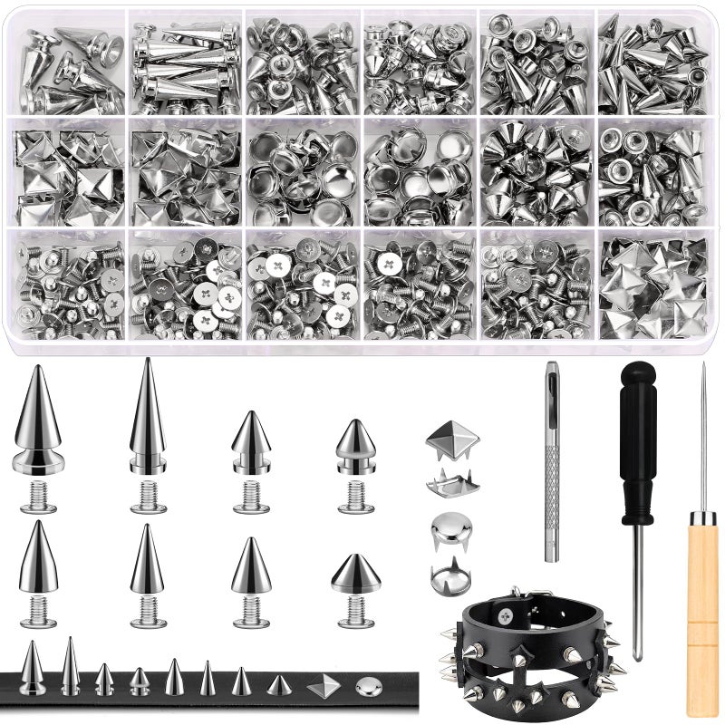 Jollidecor 455 PCS Punk Studs for Clothing, 10 Size Metal Spikes and Studs Leather Rivets for Craft, Square Pyramid Studs Round Dome Rivets DIY Punk Style Decoration for Clothes Shoes Belts Dog Collar - Image 1