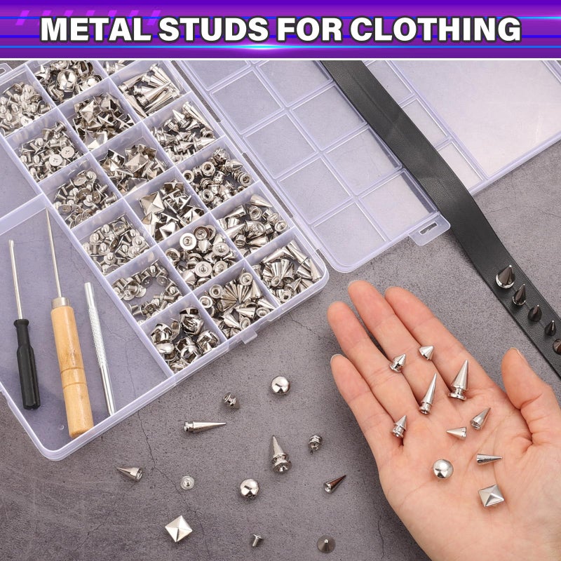 Jollidecor 455 PCS Punk Studs for Clothing, 10 Size Metal Spikes and Studs Leather Rivets for Craft, Square Pyramid Studs Round Dome Rivets DIY Punk Style Decoration for Clothes Shoes Belts Dog Collar - Image 3