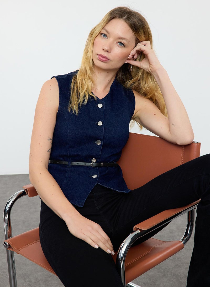 trendyol Dark Blue More Sustainable Belt Detailed Denim Vest - Image 5