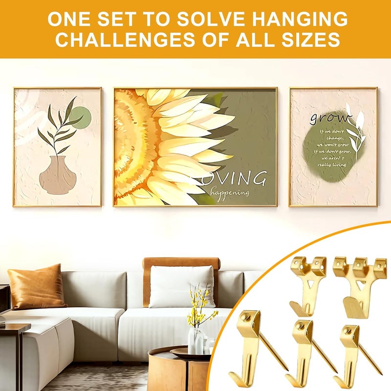 KURUI Picture Hangers, 385Pcs Picture Hanging Kit with Heavy Duty Picture Hanging Hooks, Sawtooth, Hardware Nails and Picture Hanging Tool, Wall Hangers for Frame, Painting, Art, Photo (Gold) - Image 2