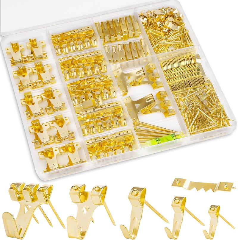 KURUI Picture Hangers, 385Pcs Picture Hanging Kit with Heavy Duty Picture Hanging Hooks, Sawtooth, Hardware Nails and Picture Hanging Tool, Wall Hangers for Frame, Painting, Art, Photo (Gold) - Image 1